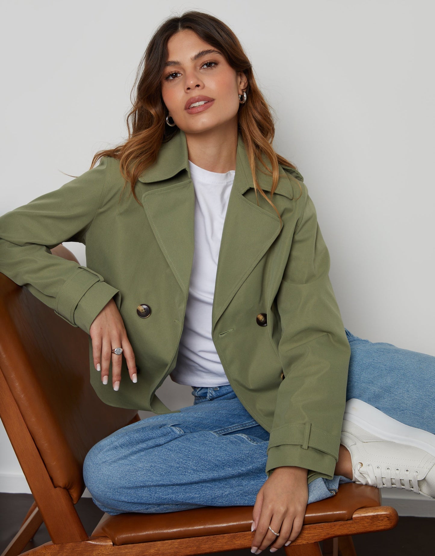 Women's Khaki Double Breasted Cropped Trench Coat